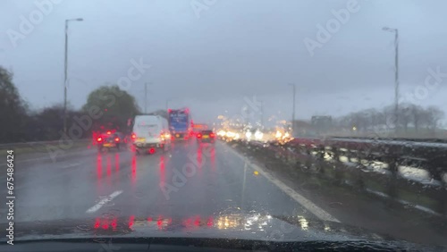Drivers view during heavy rain storm on a motorway