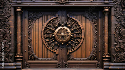 Detailed view of ornate carvings on a historic wooden door