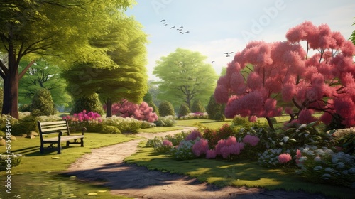 A Captivating Spring Park: Enjoy the beauty of a lovely spring landscape park adorned with vibrant blooming flowers, a perfect image of nature's renewal