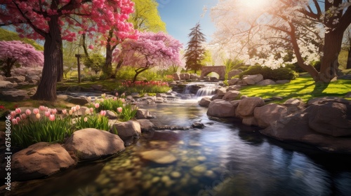 A Captivating Spring Park  Enjoy the beauty of a lovely spring landscape park adorned with vibrant blooming flowers  a perfect image of nature s renewal