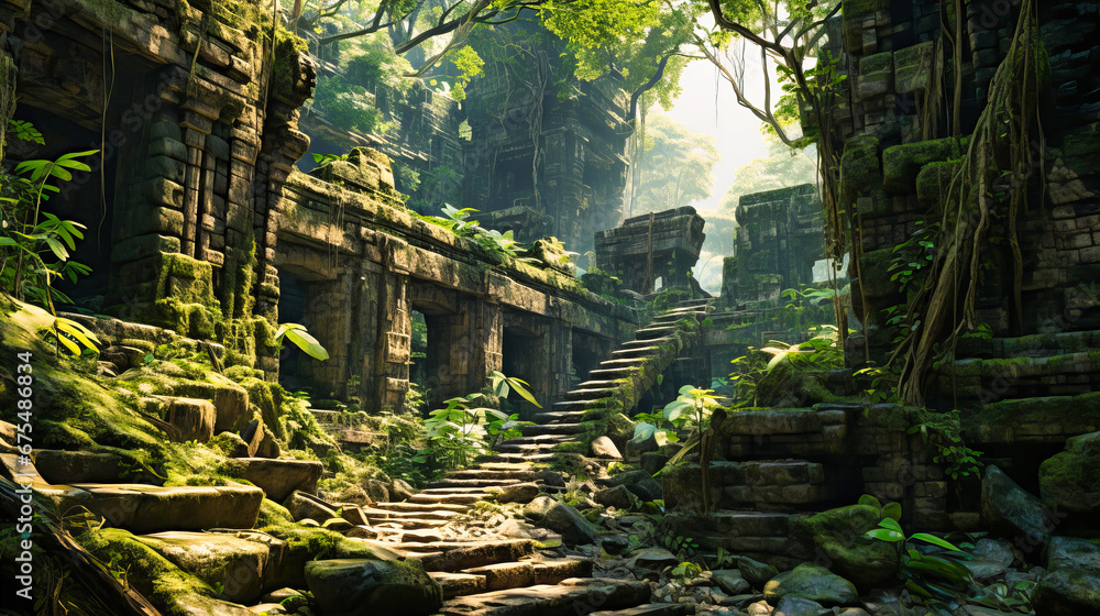 Enigmatic ruins of an ancient civilization hidden in the jungle - obrazy, fototapety, plakaty 