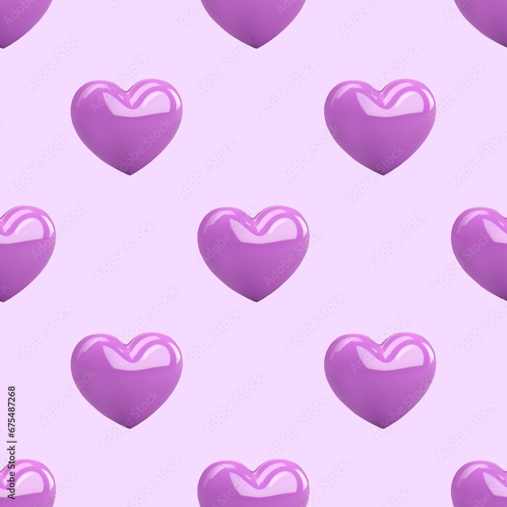 3d purple heart seamless pattern on a light purple background 