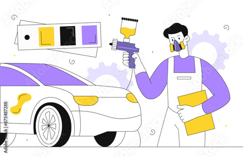 Man with car painting vector line