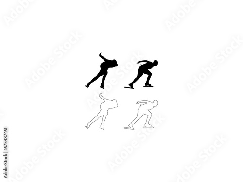 Male Speed Skating Silhouette and Outline isolated on white background