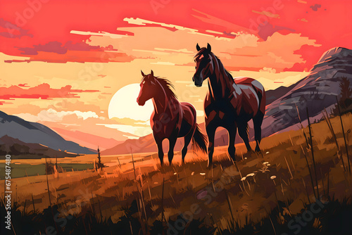 Sunset occurring behind the two beautiful wild horses walking down the pasture  mountains and beautiful sky in the background