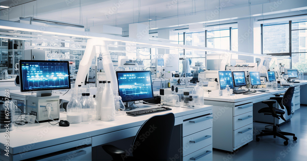 Modern laboratory interior with monitoring screens and scientist's equipment Modern laboratory interior with monitoring screens and scientist's equipment