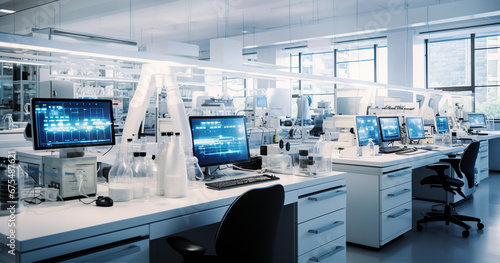 Modern laboratory interior with monitoring screens and scientist's equipment photo