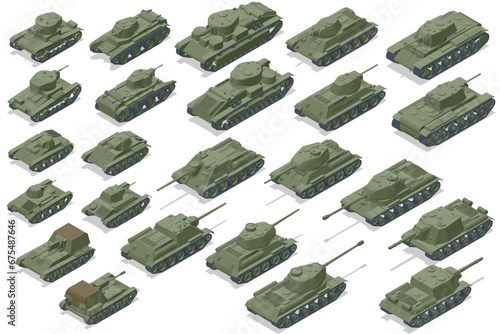 Isometric set icons of USSR Tanks. Armoured fighting vehicle designed for front-line combat, with heavy firepower