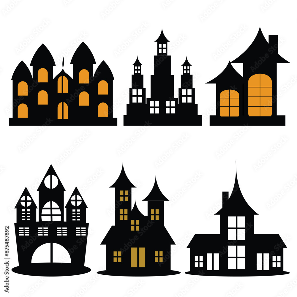 Creepy haunted house for Halloween. Scarey house silhouette. Halloween home castle icons