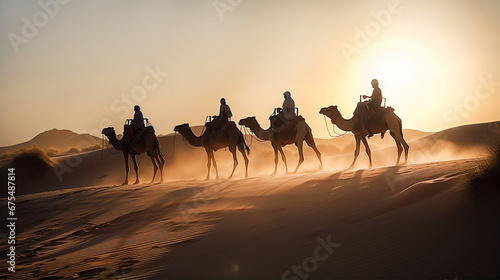 Beduin s caravan in African desert at sunset