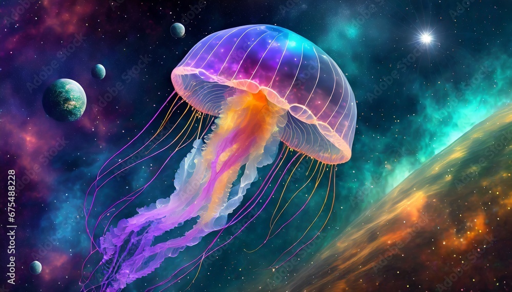 Big Colorful jellyfish in a blue underwater background