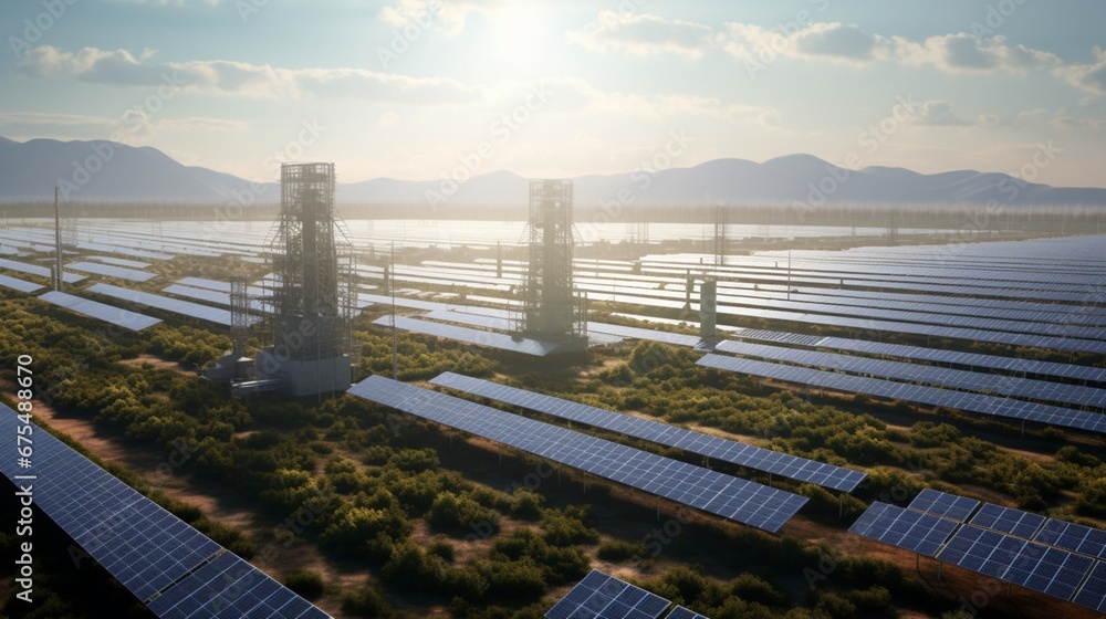 an inviting scene featuring a solar power plant with vast arrays glistening under the sun, a testament to the complexity and elegance of clean energy generation