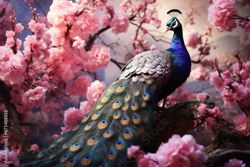 Colorful peacock on the background of pink sakura branches