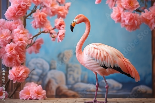 Pink flamingo on the background of the wall with exotic beautiful flowers, bright tropical concept © pundapanda