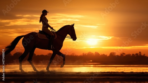 Majestic Horseback Riding: A breathtaking image of a girl jockey riding a powerful stallion, jumping over a crossbar in a rustic farm hangar at sunset.