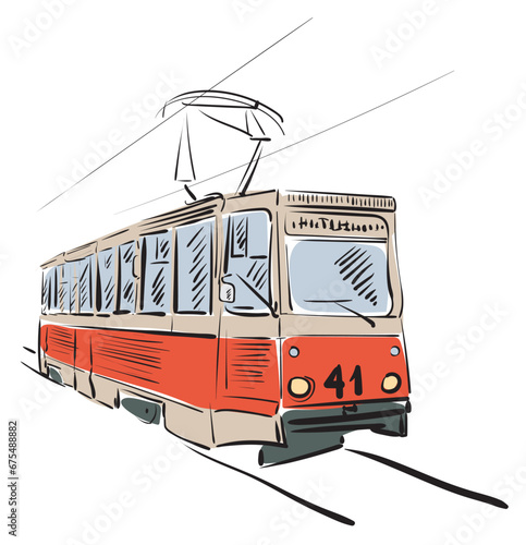 A red electric tram on a city street rides on rails. The old town where trams still run. Vector drawing as if drawn from a painting.