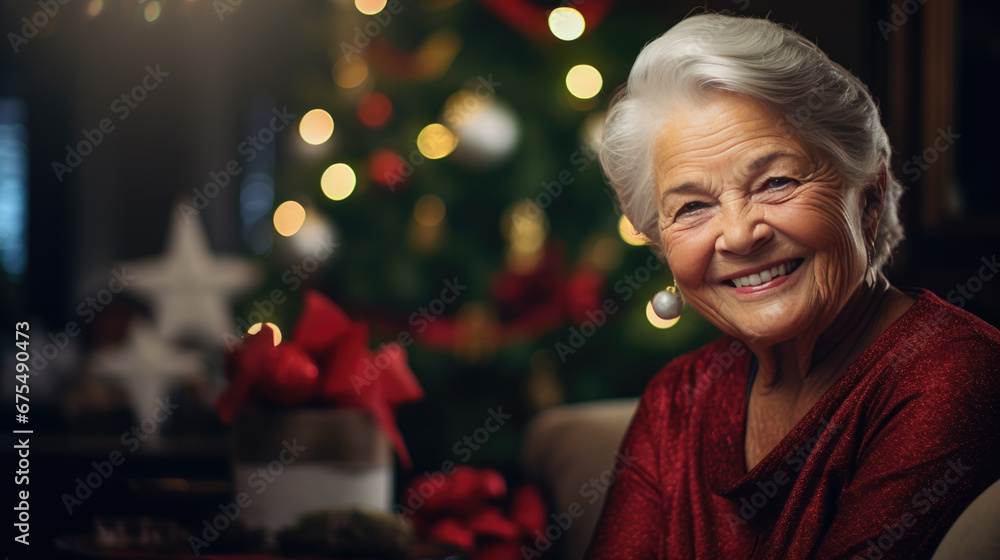 Elderly lady with white hair, wearing a red sweater, smiles warmly, seated in front of a glowing fireplace and a festively decorated Christmas tree. Elderly lady with white hair, wearing a red sweater, smiles warmly, seated in front of a glowing fireplace and a festively decorated Christmas tree.