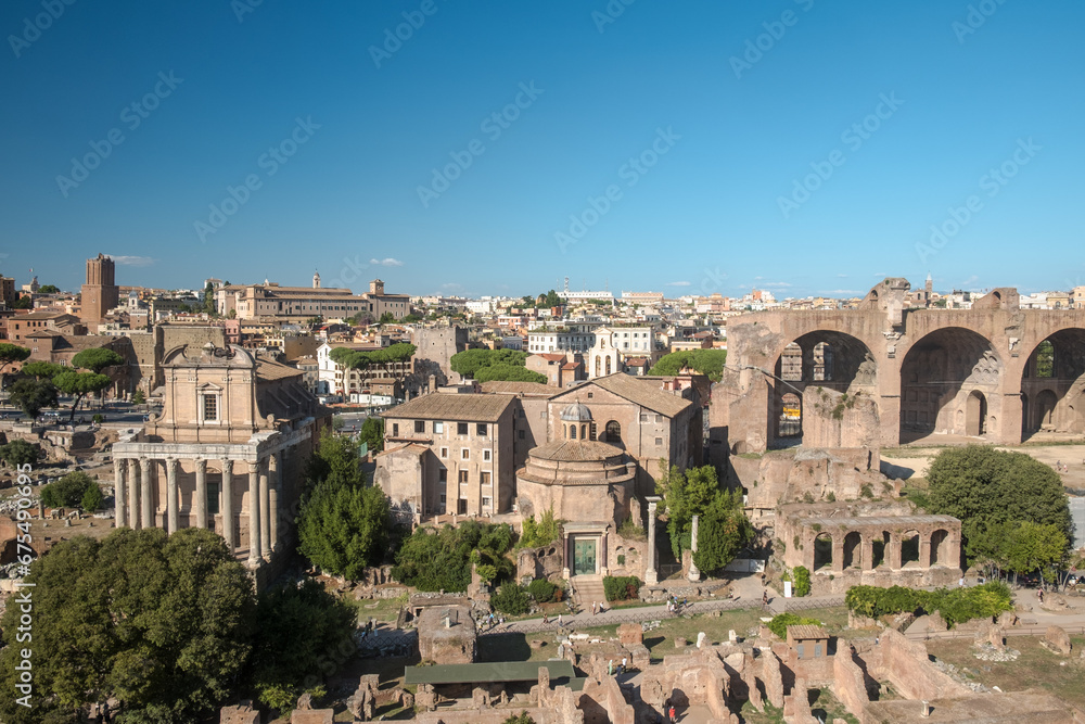 Panorama of the Roman Forum with the Temple of Romulus, the Basilica of Maxentius and the Temple of Antoninus and Faustina