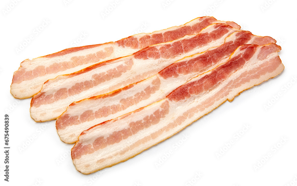 streaky brisket slices raw smoked bacon isolated on white background.