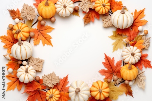 Autumn background wreath made of pumpkins and leaves