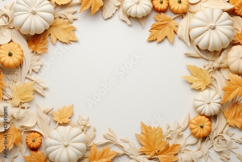 Autumn background wreath made of pumpkins and leaves