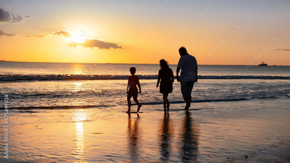 Uma família em contraluz, passeando na praia com um lindo pôr-do-sol. Conceito de férias.