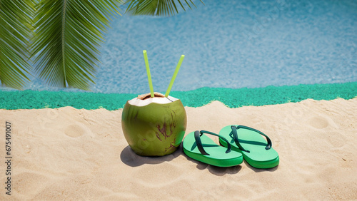 Um par de chinelos com um coco verde na areia da praia. Conceito de férias.