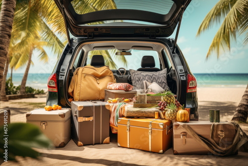 Open trunk of a car with suitcases and belongings, traveling by car to the sea or ocean coastline