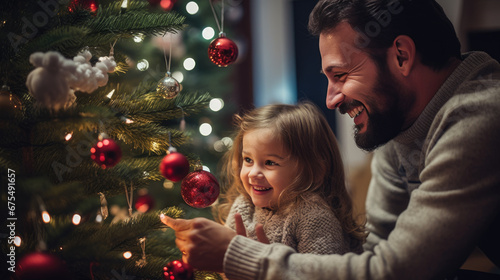 A father and his daughter share a heartwarming moment as they decorate a glowing Christmas tree together.