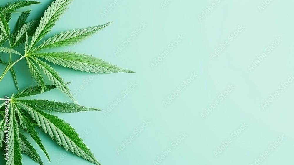 Cannabis leaves background. Hemp plant green leaf close-up. Growing organic cannabis herb plantation on the farm. Marijuana cultivation, alternative medicine concept.