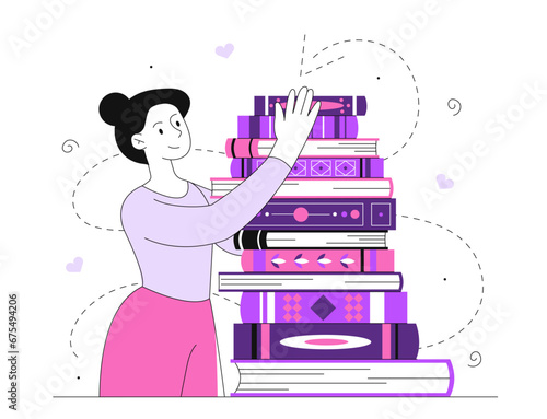 Woman love books vector line concept