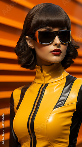 Young brunette woman in a yellow leather jacket and sunglasses on a textured blurred background.stylish model with perfect hairstyle