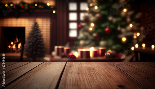 Empty wooden table with christmas theme in background