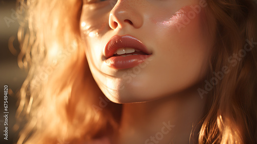 mujer blanca con labios hermosos y luz en el rostro 
