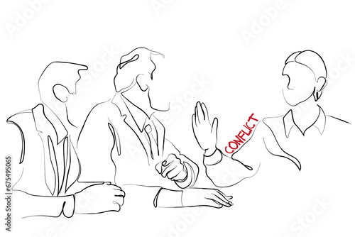 hand drawn line art vector of two frustrated and confused men sitting facing each other over a business conflict