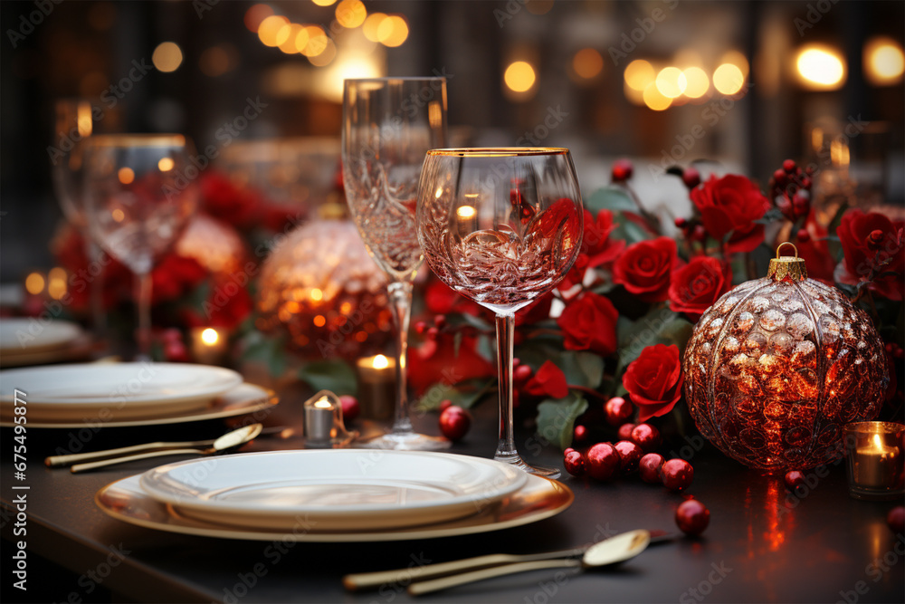 large elements of decoration and Christmas table setting in red and gold tones and round balls and flowers