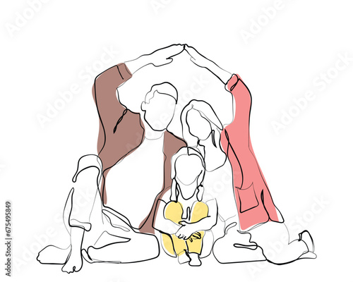 hand drawn line art vector of Happy family forming house roof with their hands at home. Happy parents happy family. Protected children. Insurance policy. Child psychology concept. Modern family
