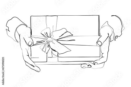 Gifts line art. hand drawn line art vector of hands giving and receiving gifts. Holidays presents. Love and harmony. Exchange gifts ideas.