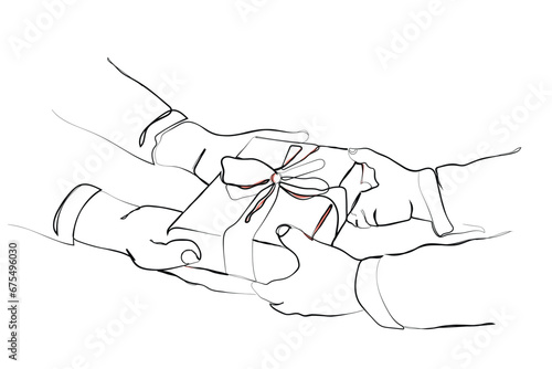 Gifts line art. hand drawn line art vector of hands giving and receiving gifts. Holidays presents. Love and harmony. Exchange gifts ideas.