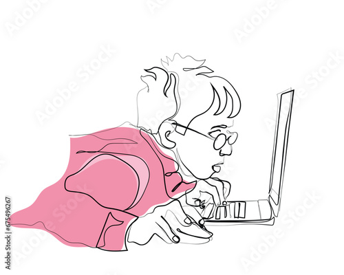 Line art vector Eyestrain Problem. Tired Schoolgirl Rubbing Sore Eye Doing Homework , Suffering From Fatigue And Dry Eyes Syndrome, Wearing Glasses Sitting At Desk At Home. Children Eyesight Issues