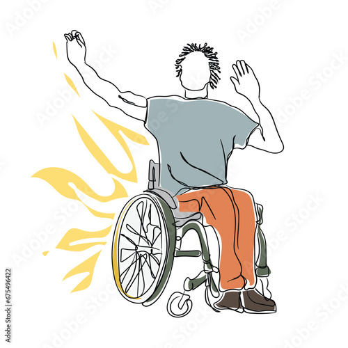 abstract man on a medical wheelchair, hand-drawn, continuous mono line, one line art, contour drawing. AI and medical treatment in rehabilitation centers.