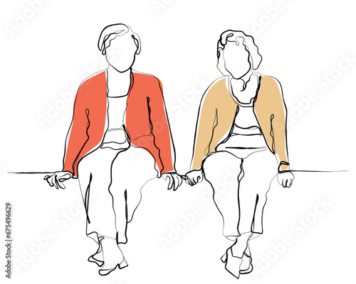 Elderly people seated together poster art. Old people in group. Pensioners and seniors. hand drawn line art vector of old ladies seated together. Female friendship. elderly women.