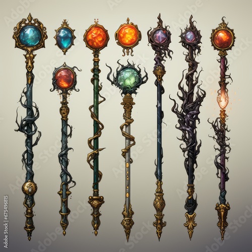 set of magic staffs game assets