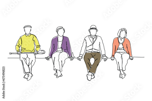 Elderly people seated together poster art. Old people in group. Pensioners and seniors. hand drawn line art vector of old ladies seated together. Female friendship. elderly women.