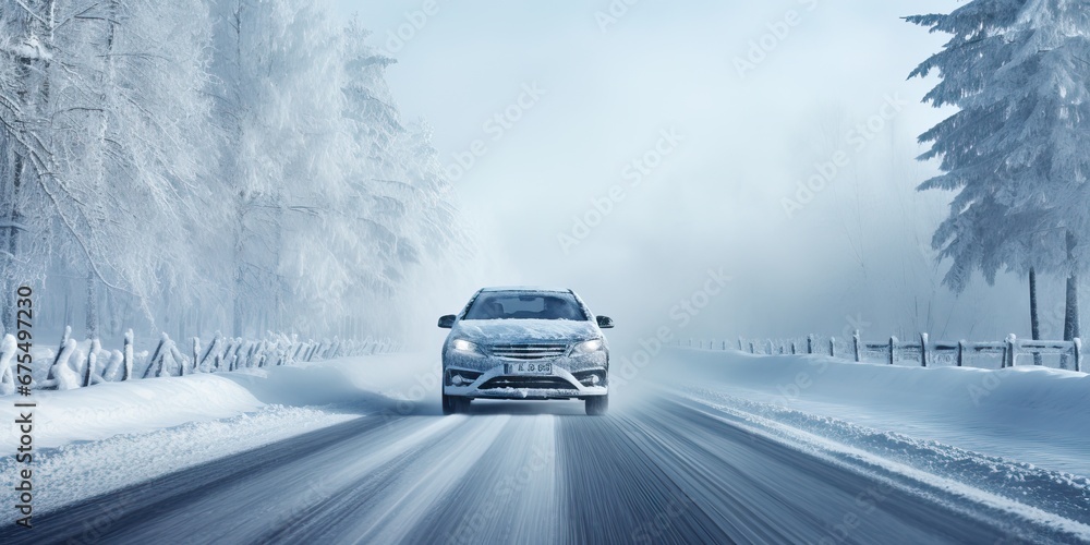 A car speeding down a snowy road, surrounded by a breathtaking winter landscape of snow-covered mountains and a dense forest. Emphasize the sense of motion and adventure - obrazy, fototapety, plakaty 
