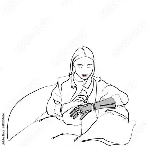 hand drawn line art vector of Beautiful young girl with disability setting her sensory bionic prosthetic arm, sitting in armchair. Modern woman using artificial robotic hand after limb loss.