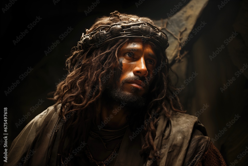Jesus is black, Fictional African American Jesus Christ wearing a woven crown of thorns before crucifixion Jesus is black, Fictional African American Jesus Christ wearing a woven crown of thorns before crucifixion