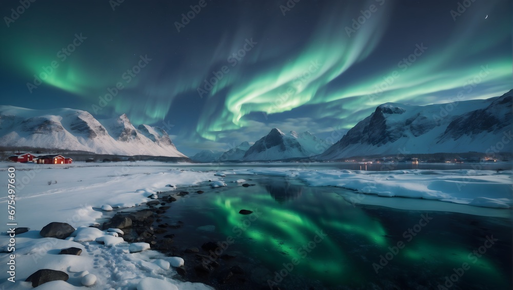 winter landscape of the north with aurora in the sky