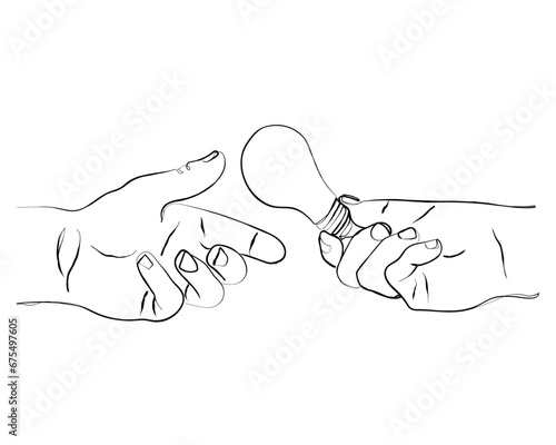 hand drawn line art drawing hand giving lightbulb to colleague. Providing best advice for the good and progress of business. Great partner. Brainstorming. Single line draw design vector illustration
