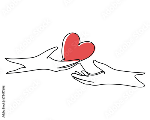 hand drawn line art vector of a hand gives a heart shape to its partner. Fall in love. Ready to give heart and soul. Invitation to get married. Romantic couple. Charity and humanitarian cause